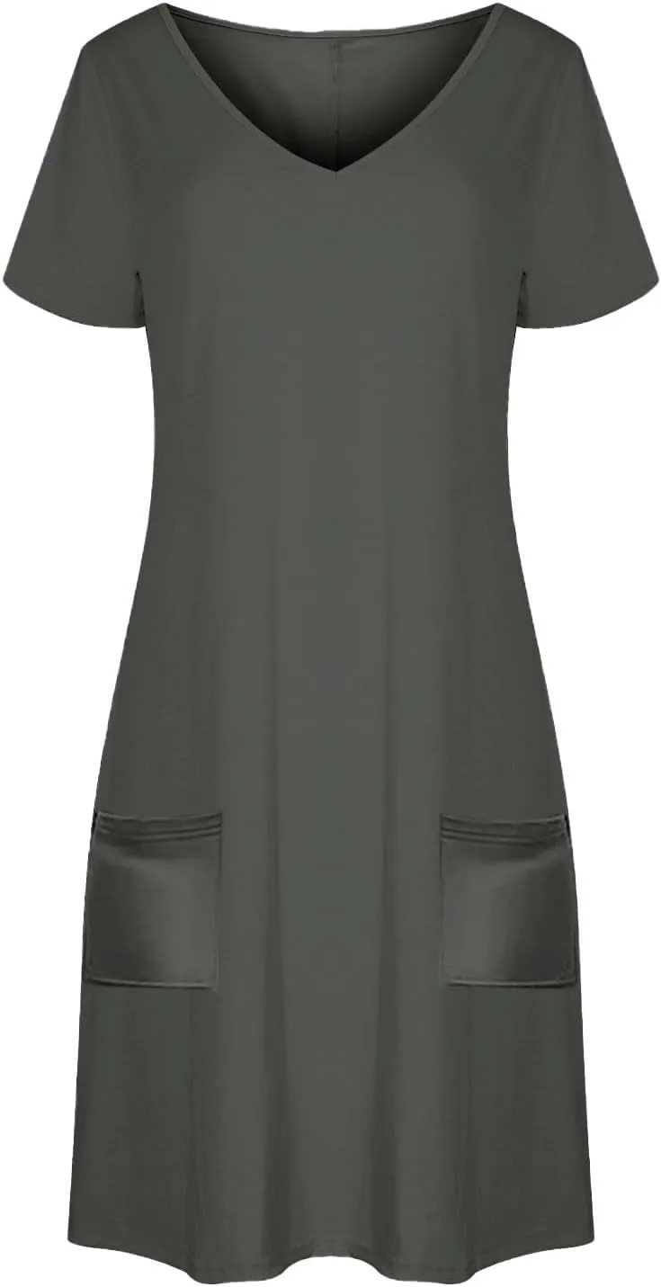 Women Basic Short Sleeve T Shirt Dress Summer Casual V Neck Mini Dresses Soft Comfy A-Line Flare Dress with Pockets