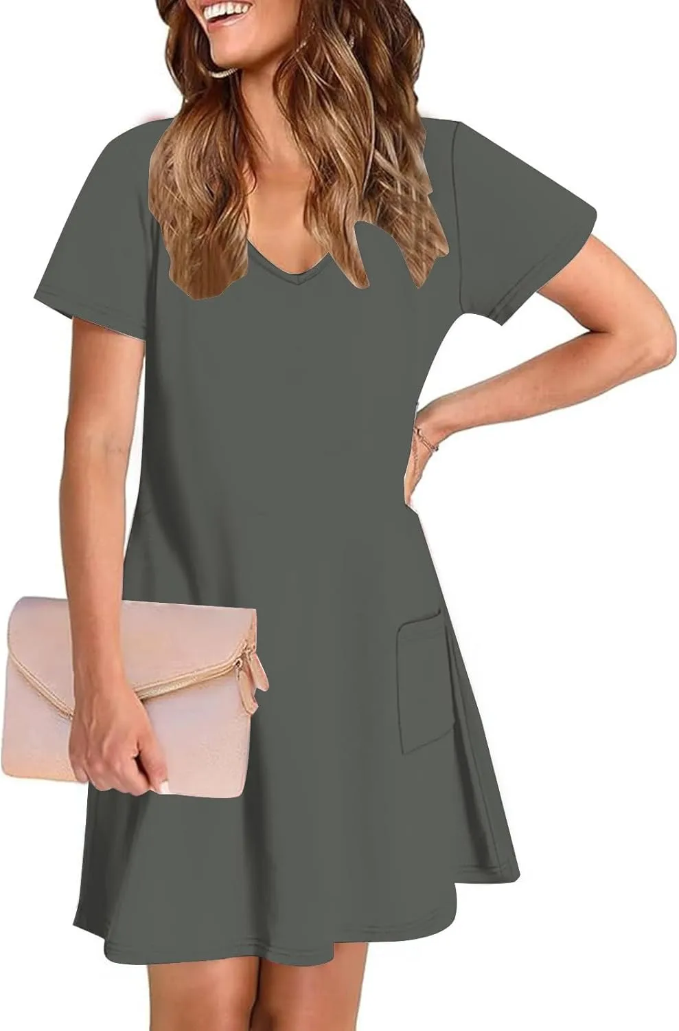 Women Basic Short Sleeve T Shirt Dress Summer Casual V Neck Mini Dresses Soft Comfy A-Line Flare Dress with Pockets