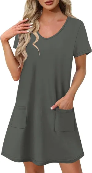 Women Basic Short Sleeve T Shirt Dress Summer Casual V Neck Mini Dresses Soft Comfy A-Line Flare Dress with Pockets