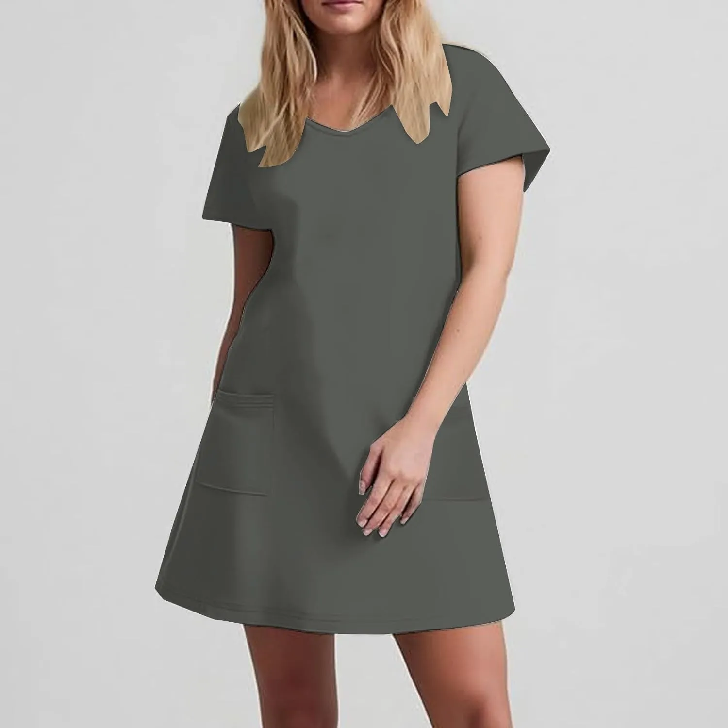 Women Basic Short Sleeve T Shirt Dress Summer Casual V Neck Mini Dresses Soft Comfy A-Line Flare Dress with Pockets
