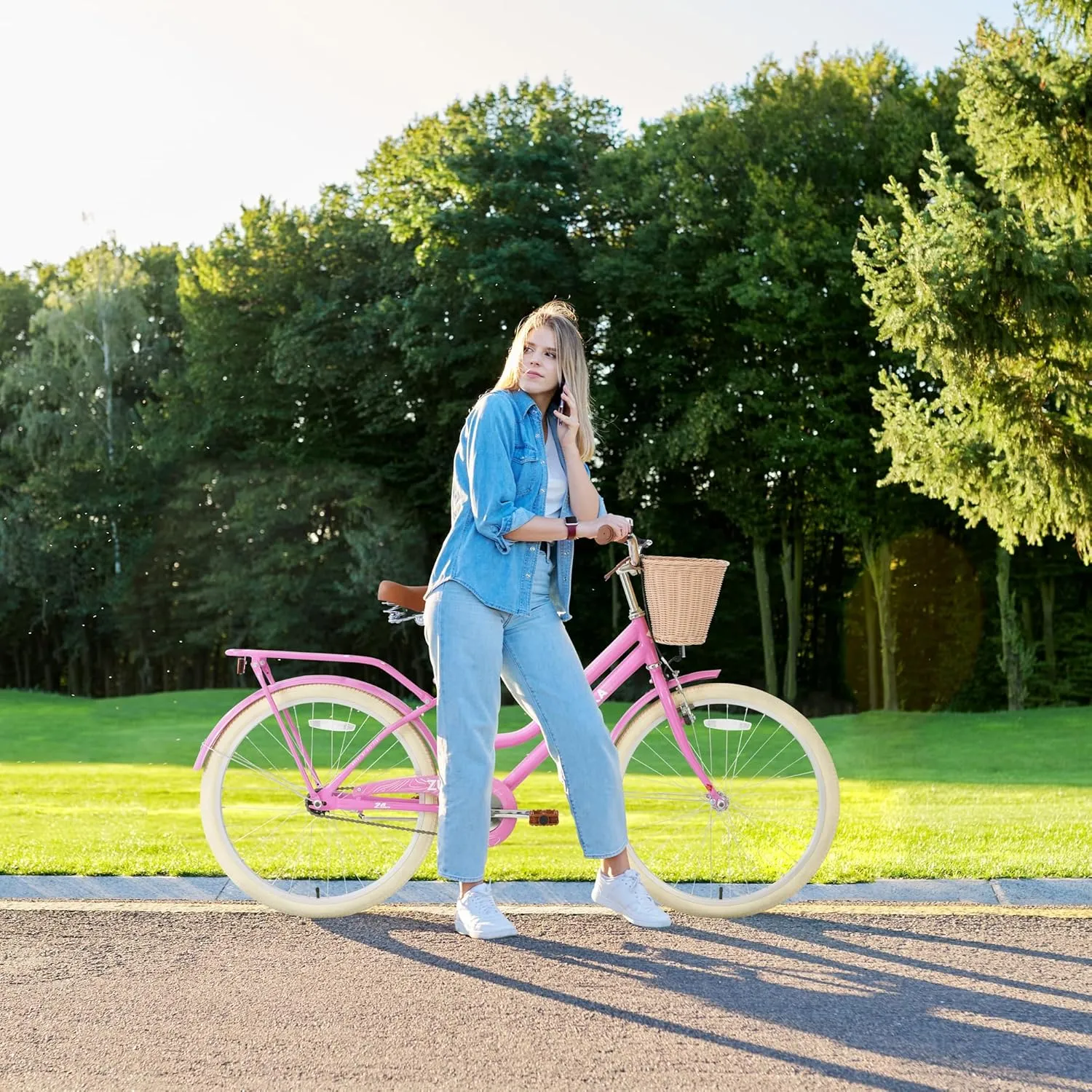 Women Bike 24 inch V Brake Single Speed City Commuter Bicycle with Woven Basket Steel Frame Cruiser Bicycle for Women Lady V Brake Coaster Brake Included Cruiser Bike Multiple Colors