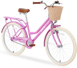 Women Bike 24 inch V Brake Single Speed City Commuter Bicycle with Woven Basket Steel Frame Cruiser Bicycle for Women Lady V Brake Coaster Brake Included Cruiser Bike Multiple Colors