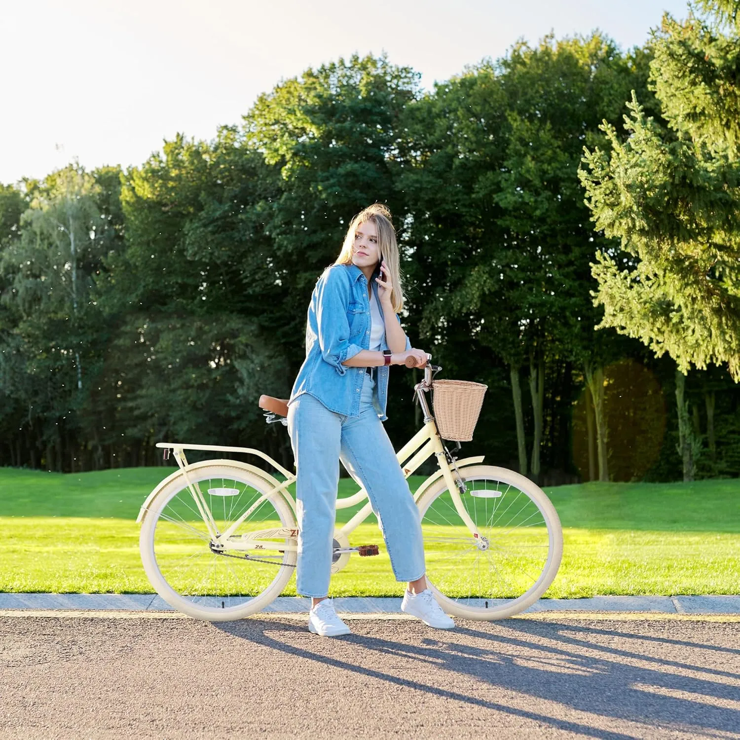 Women Bike 24 inch V Brake Single Speed City Commuter Bicycle with Woven Basket Steel Frame Cruiser Bicycle for Women Lady V Brake Coaster Brake Included Cruiser Bike Multiple Colors