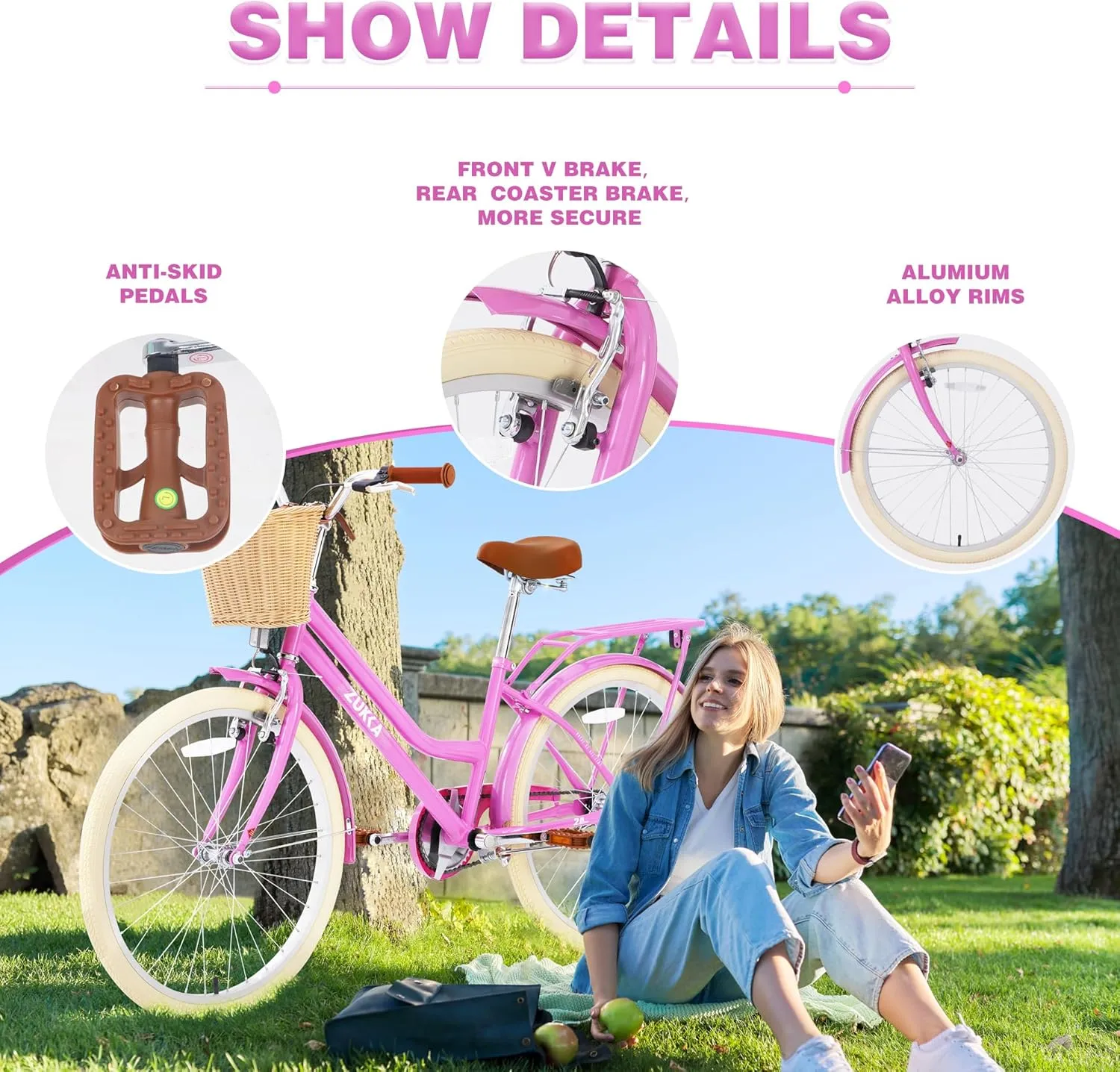 Women Bike 24 inch V Brake Single Speed City Commuter Bicycle with Woven Basket Steel Frame Cruiser Bicycle for Women Lady V Brake Coaster Brake Included Cruiser Bike Multiple Colors