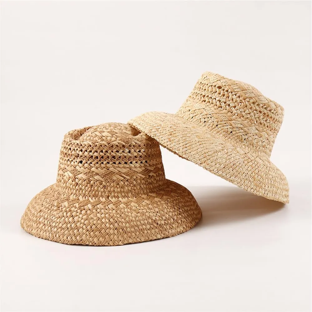 Women Bucket Sun Hat Wide Brim Woven Raffia Palma Hat UPF 50  Sun Protection Summer Vacation Beach Straw Hat