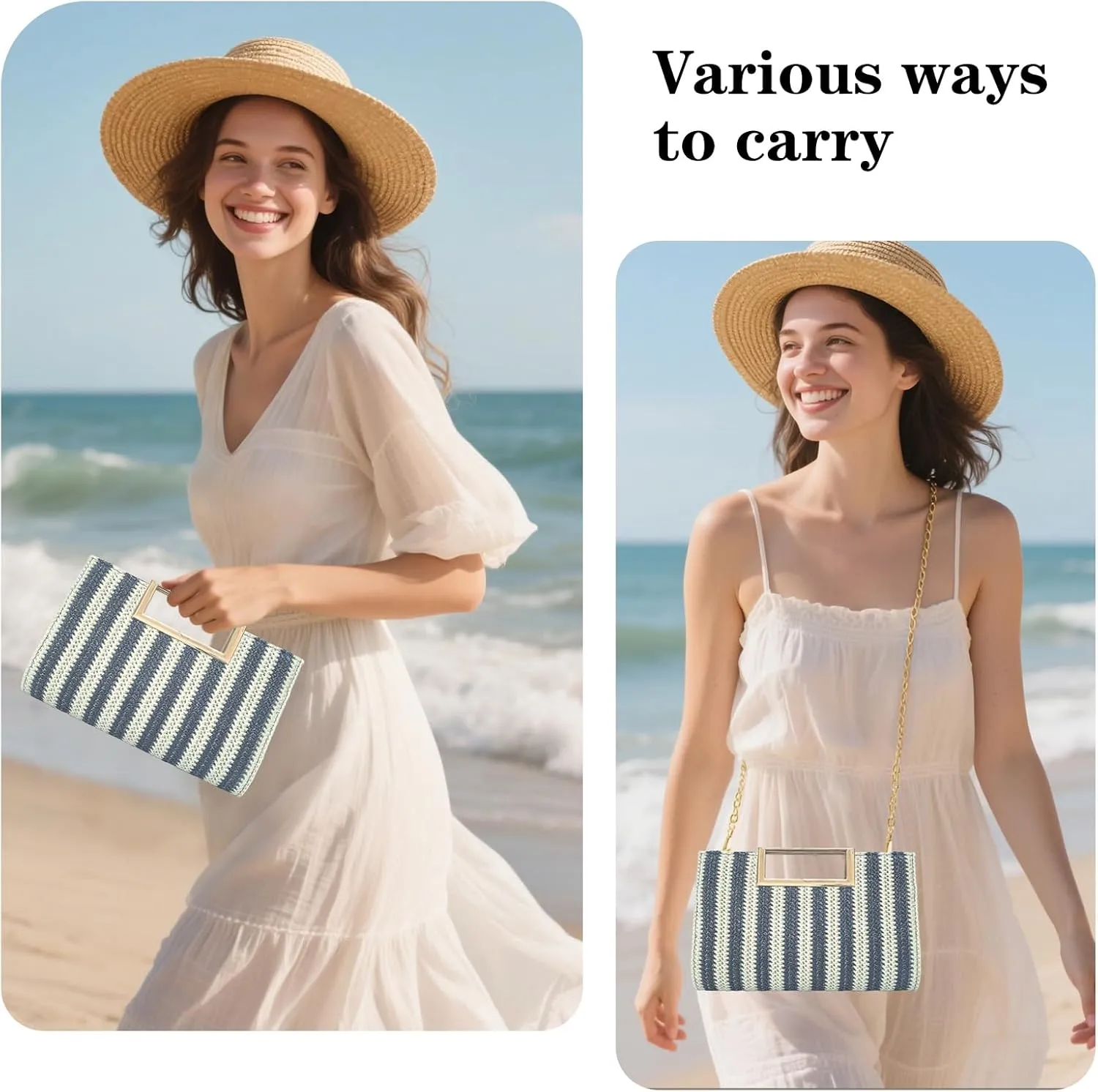 Women Clutch Top Handbags Straw Raffia Bag Purse Woven Tote CrossBag for Women Beach Summer Travel