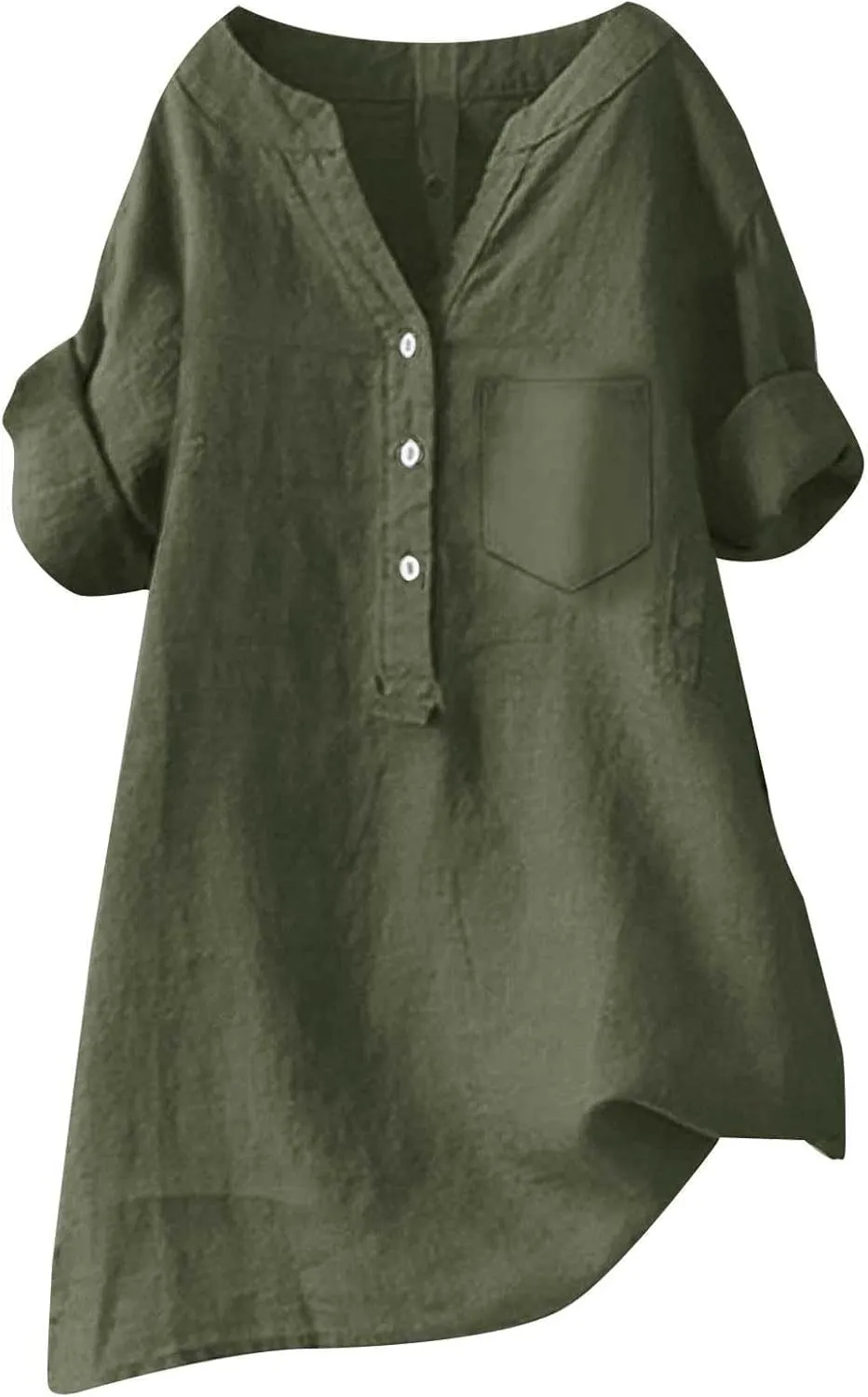 Women Linen Shirts V Neck Button Blouse Boho Dressy Tshirts Short Sleeve Loose Fit T Shirts