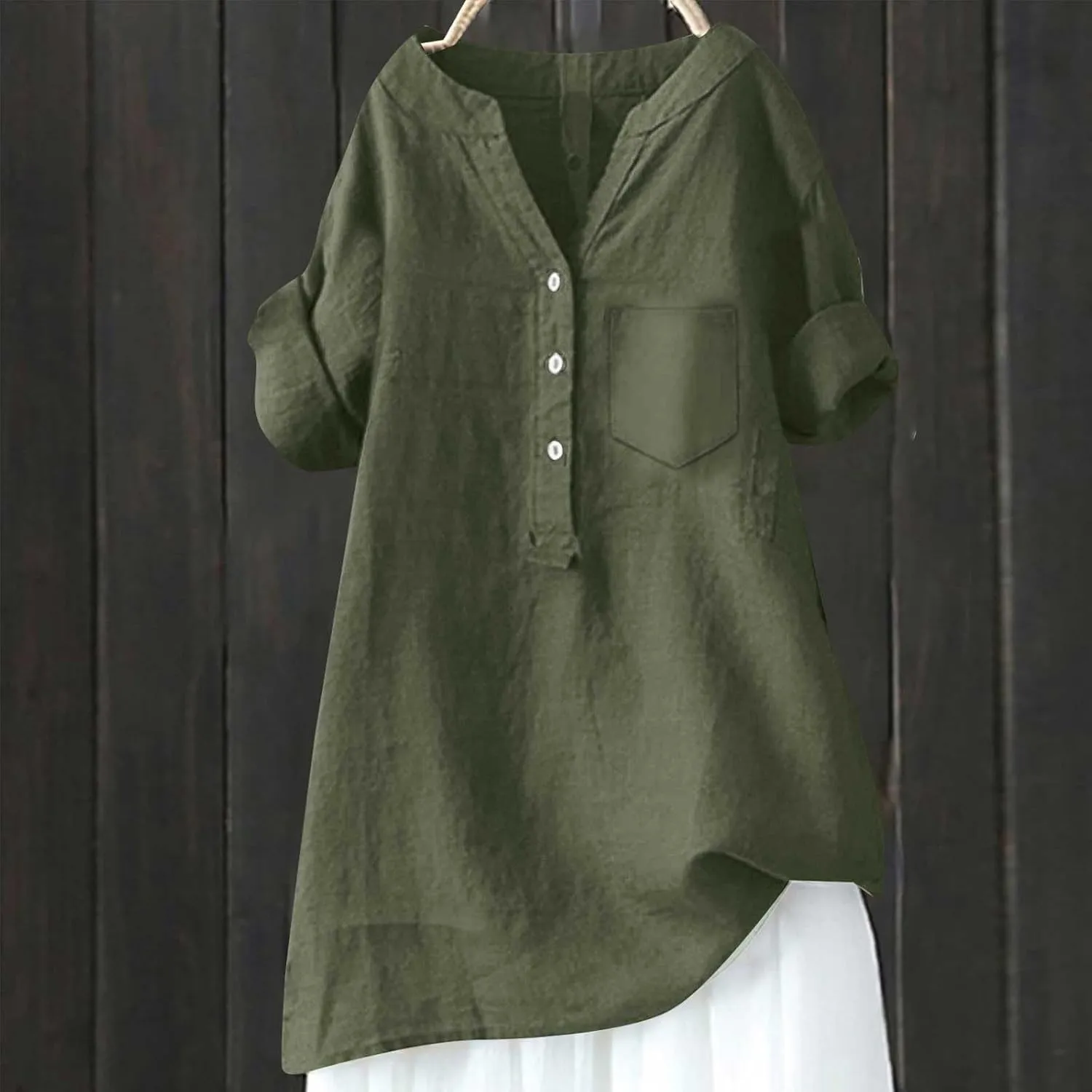 Women Linen Shirts V Neck Button Blouse Boho Dressy Tshirts Short Sleeve Loose Fit T Shirts