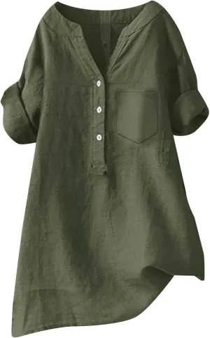 Women Linen Shirts V Neck Button Blouse Boho Dressy Tshirts Short Sleeve Loose Fit T Shirts