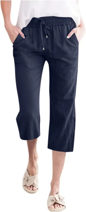 Women Linen Summer Palazzo Pants Flowy Wide Leg Boho Pants Elastic High Waist Work Office Trouser with Pocket