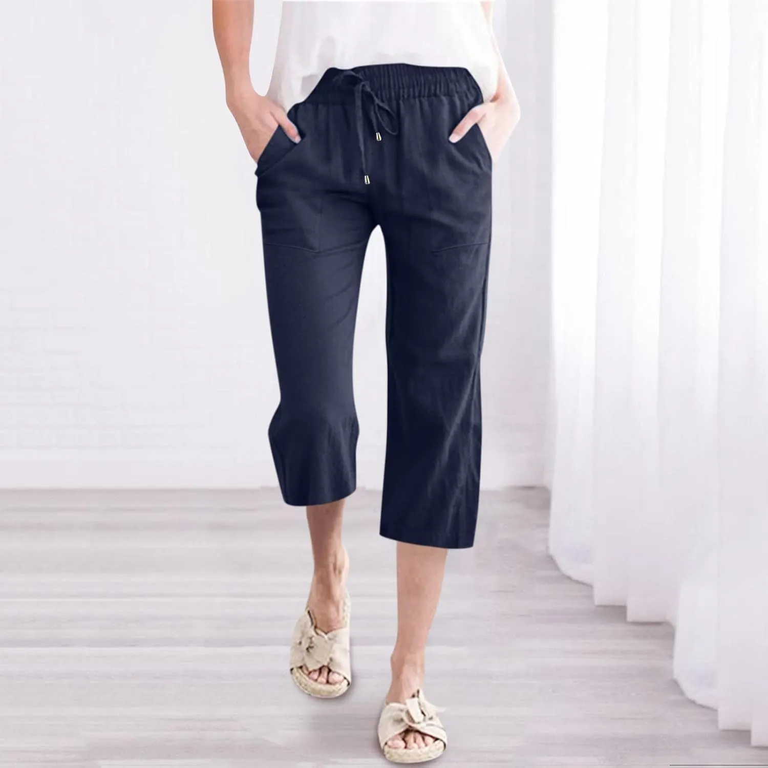 Women Linen Summer Palazzo Pants Flowy Wide Leg Boho Pants Elastic High Waist Work Office Trouser with Pocket
