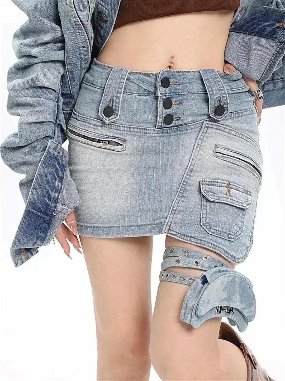 Women Low Waist Retro Minority Design Sense Distressed Irregular Tooling Denim Skirt