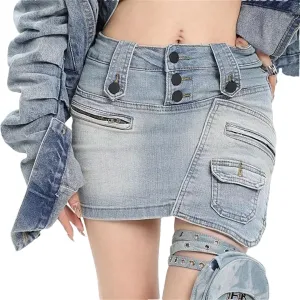 Women Low Waist Retro Minority Design Sense Distressed Irregular Tooling Denim Skirt