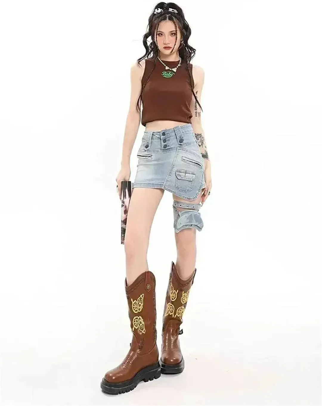 Women Low Waist Retro Minority Design Sense Distressed Irregular Tooling Denim Skirt