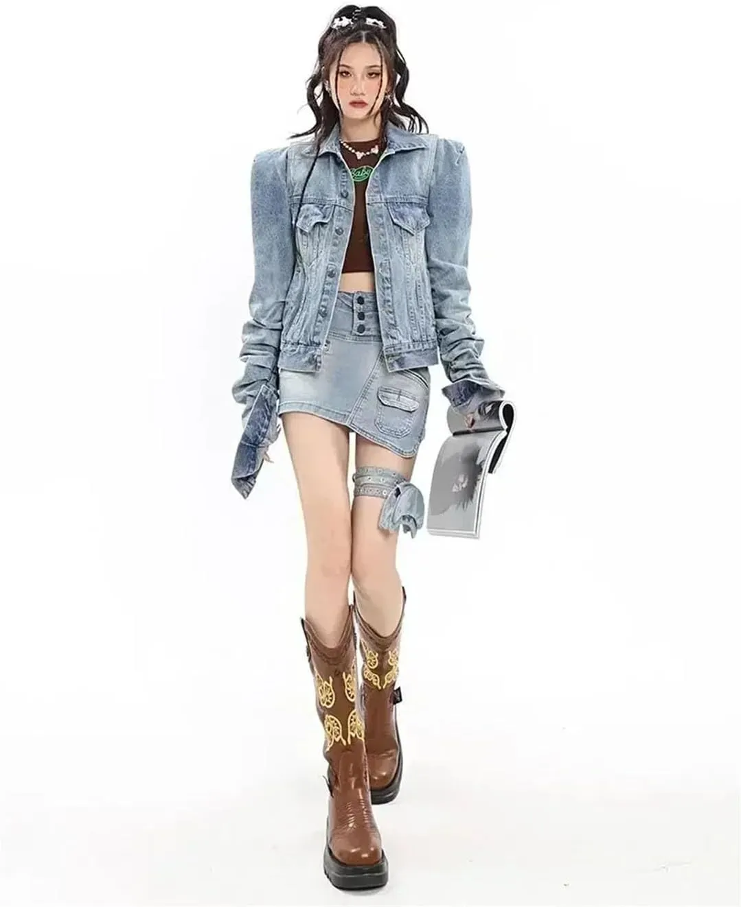 Women Low Waist Retro Minority Design Sense Distressed Irregular Tooling Denim Skirt