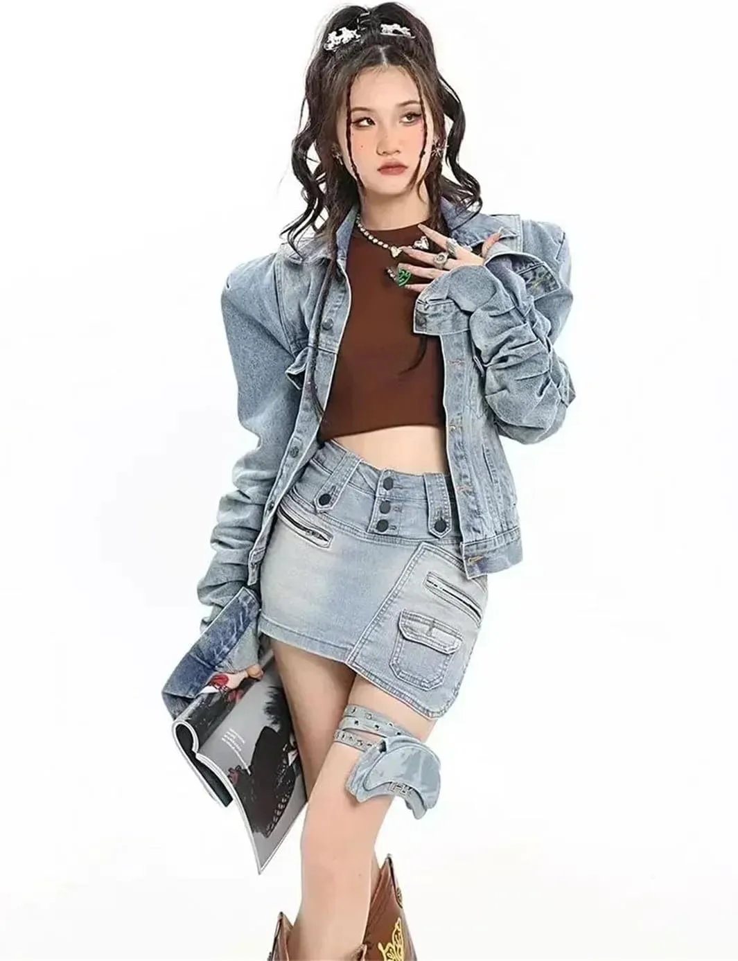 Women Low Waist Retro Minority Design Sense Distressed Irregular Tooling Denim Skirt