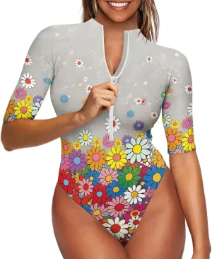 Women One Piece Print Swimsuit Tummy Control Zip Front Bathing Suit 3/4 Short Sleeve High Neck Swimwear Monokini