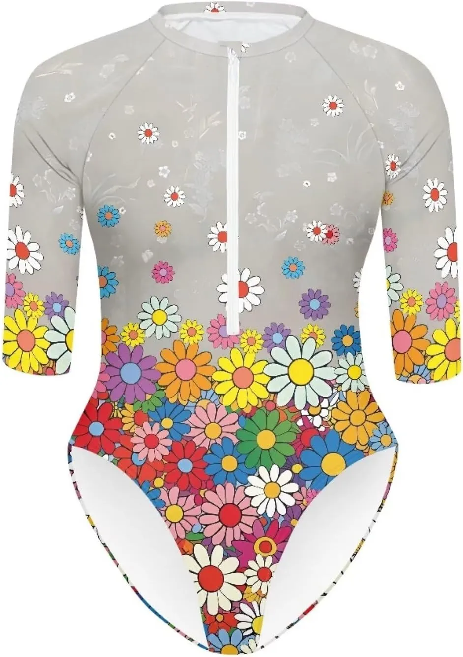 Women One Piece Print Swimsuit Tummy Control Zip Front Bathing Suit 3/4 Short Sleeve High Neck Swimwear Monokini