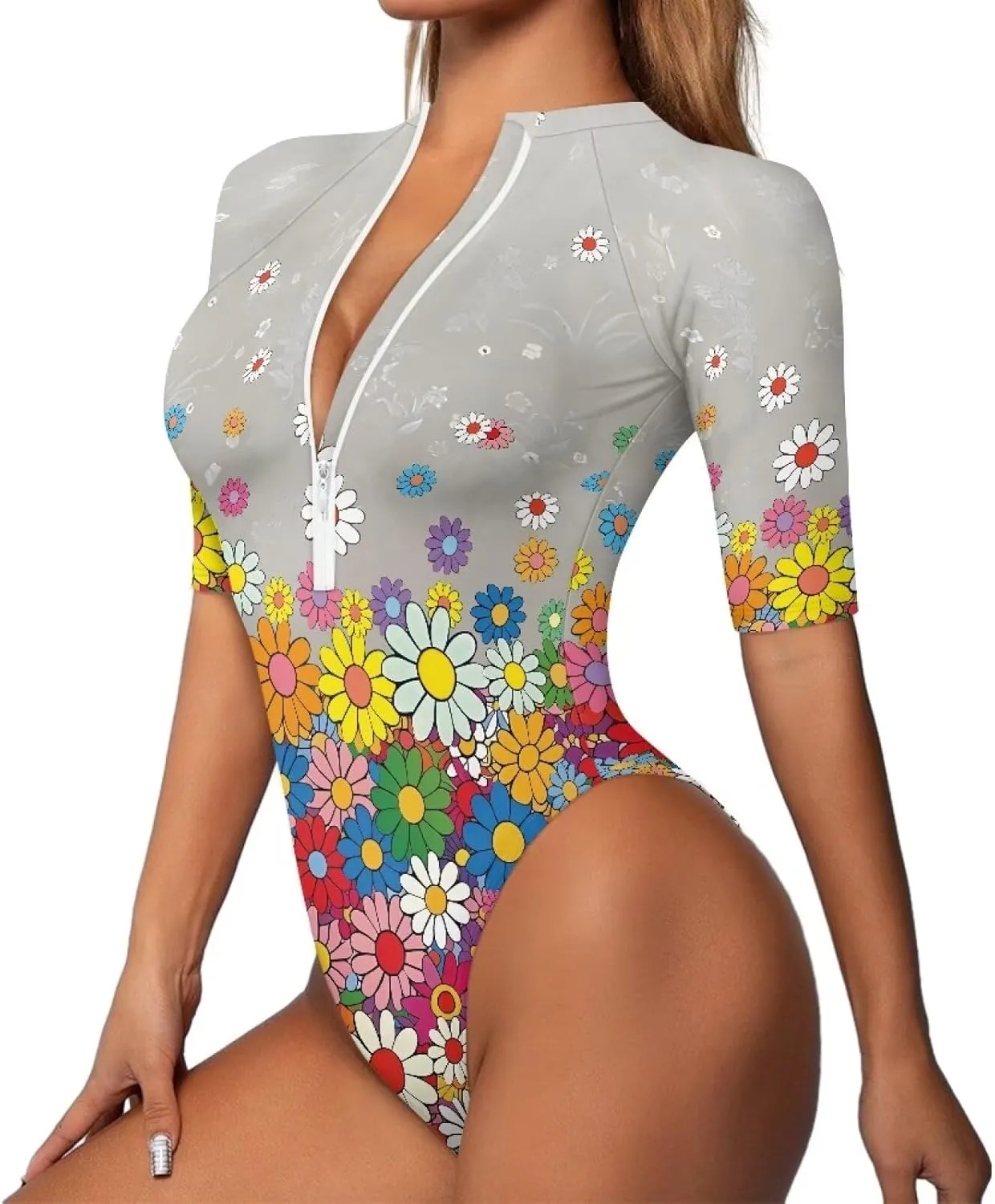 Women One Piece Print Swimsuit Tummy Control Zip Front Bathing Suit 3/4 Short Sleeve High Neck Swimwear Monokini