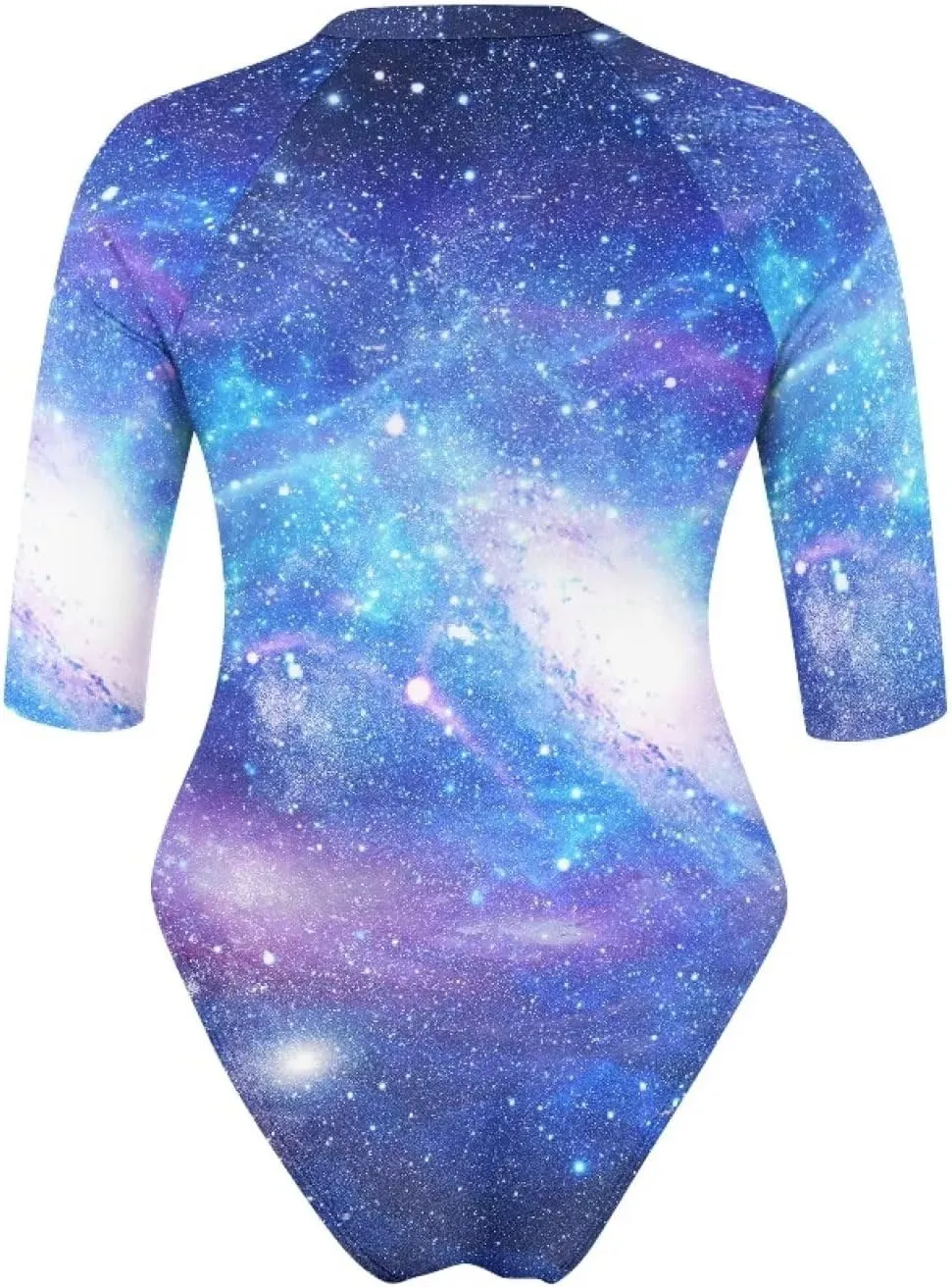 Women One Piece Print Swimsuit Tummy Control Zip Front Bathing Suit 3/4 Short Sleeve High Neck Swimwear Monokini