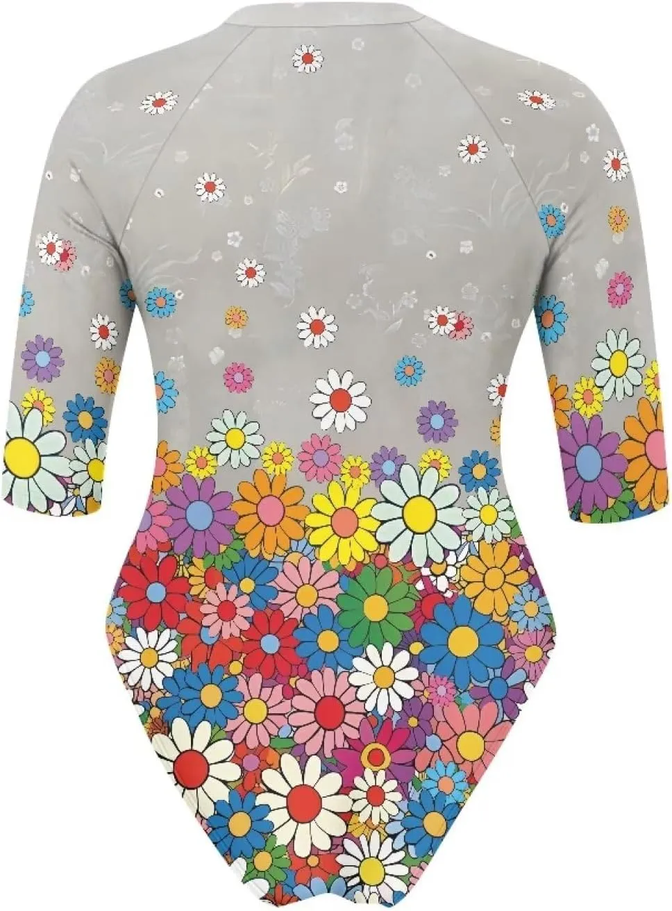 Women One Piece Print Swimsuit Tummy Control Zip Front Bathing Suit 3/4 Short Sleeve High Neck Swimwear Monokini