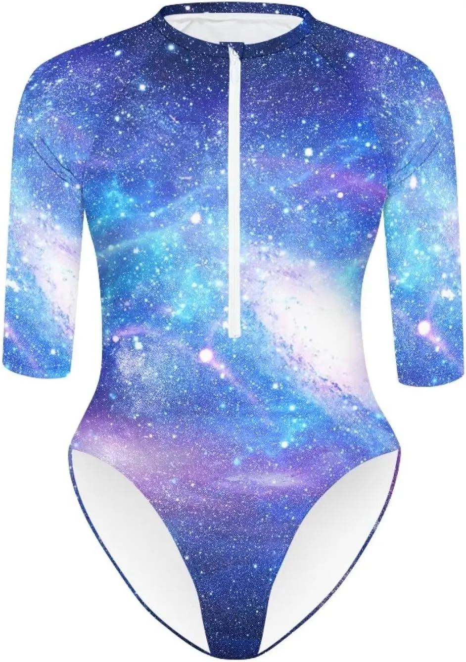 Women One Piece Print Swimsuit Tummy Control Zip Front Bathing Suit 3/4 Short Sleeve High Neck Swimwear Monokini