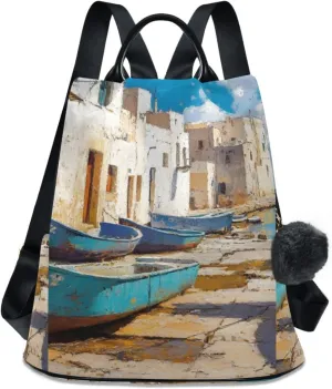 Women's Anti Theft Backpack Ashore City Print, Casual Daypacks Purse Shoulder Bag with 15 IN Laptop Compartment