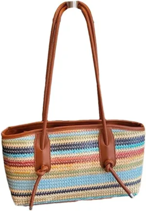 Women's Big Woven Straw Shoulder Bag French Style Raffia Tote Beach Travel Handbag With Zipper Closure
