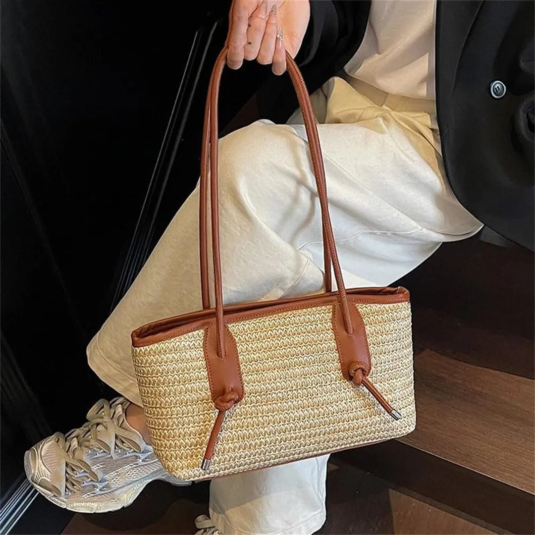 Women's Big Woven Straw Shoulder Bag French Style Raffia Tote Beach Travel Handbag With Zipper Closure