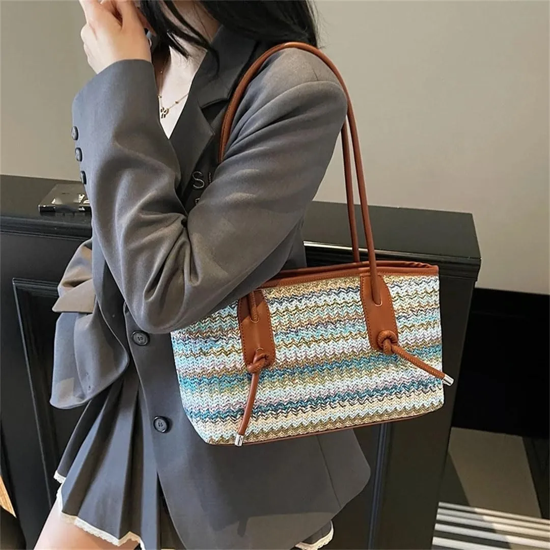 Women's Big Woven Straw Shoulder Bag French Style Raffia Tote Beach Travel Handbag With Zipper Closure