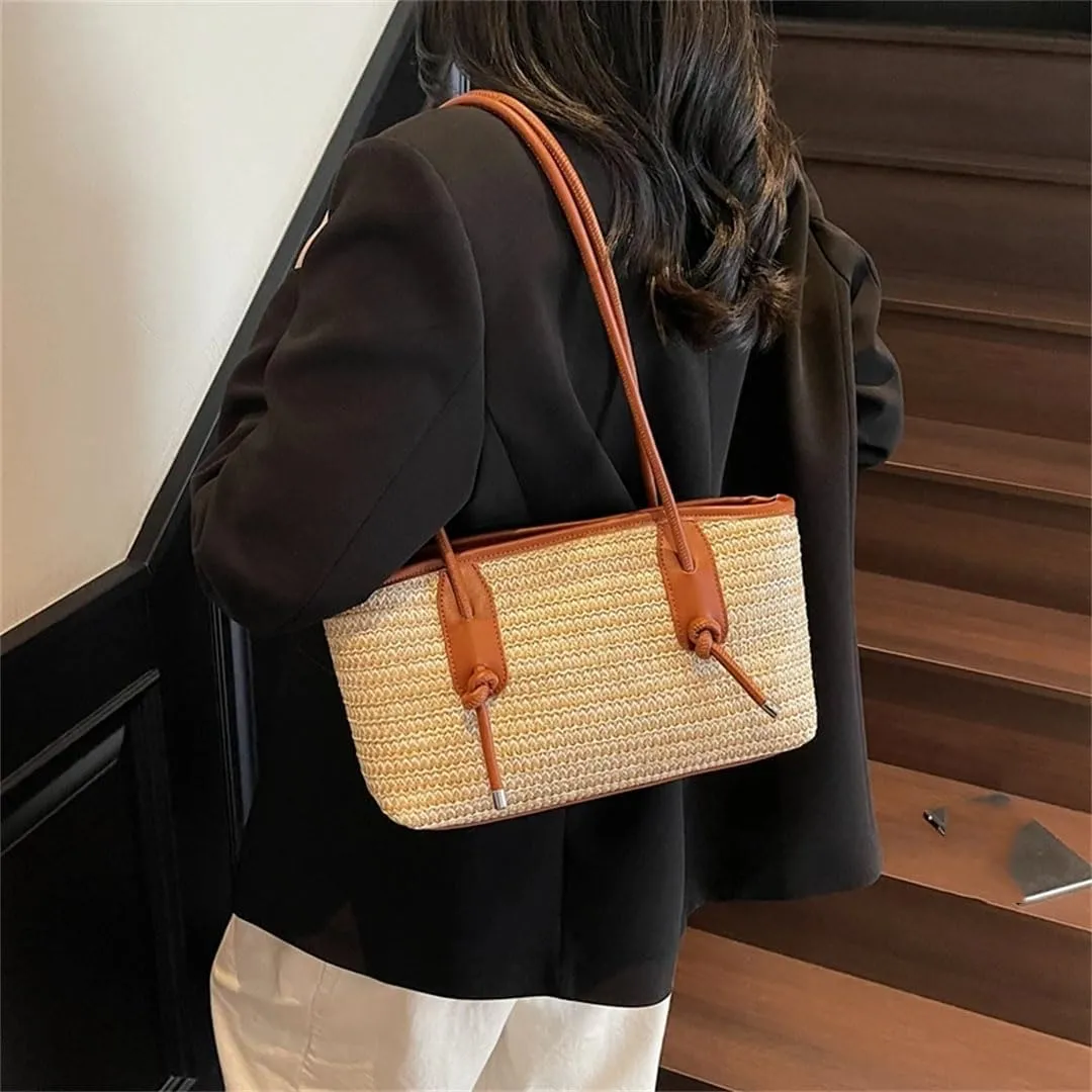 Women's Big Woven Straw Shoulder Bag French Style Raffia Tote Beach Travel Handbag With Zipper Closure