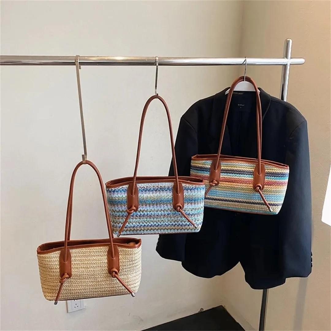 Women's Big Woven Straw Shoulder Bag French Style Raffia Tote Beach Travel Handbag With Zipper Closure