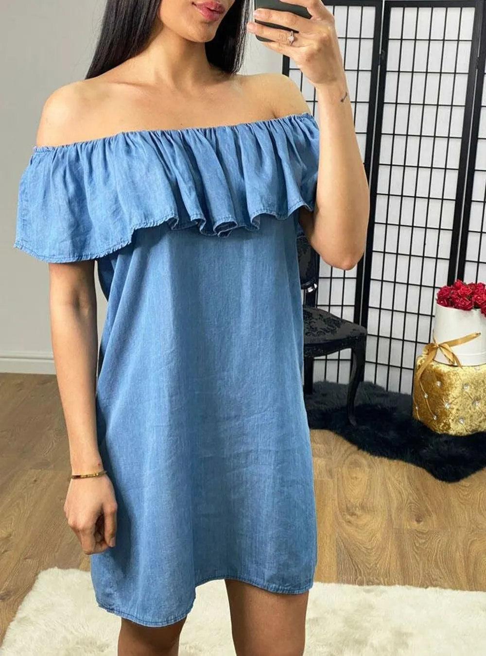 Women's Blue Jean Dress Off Shoulder Ruffle Short Sleeve Loose Denim Mini Dress with Pocket