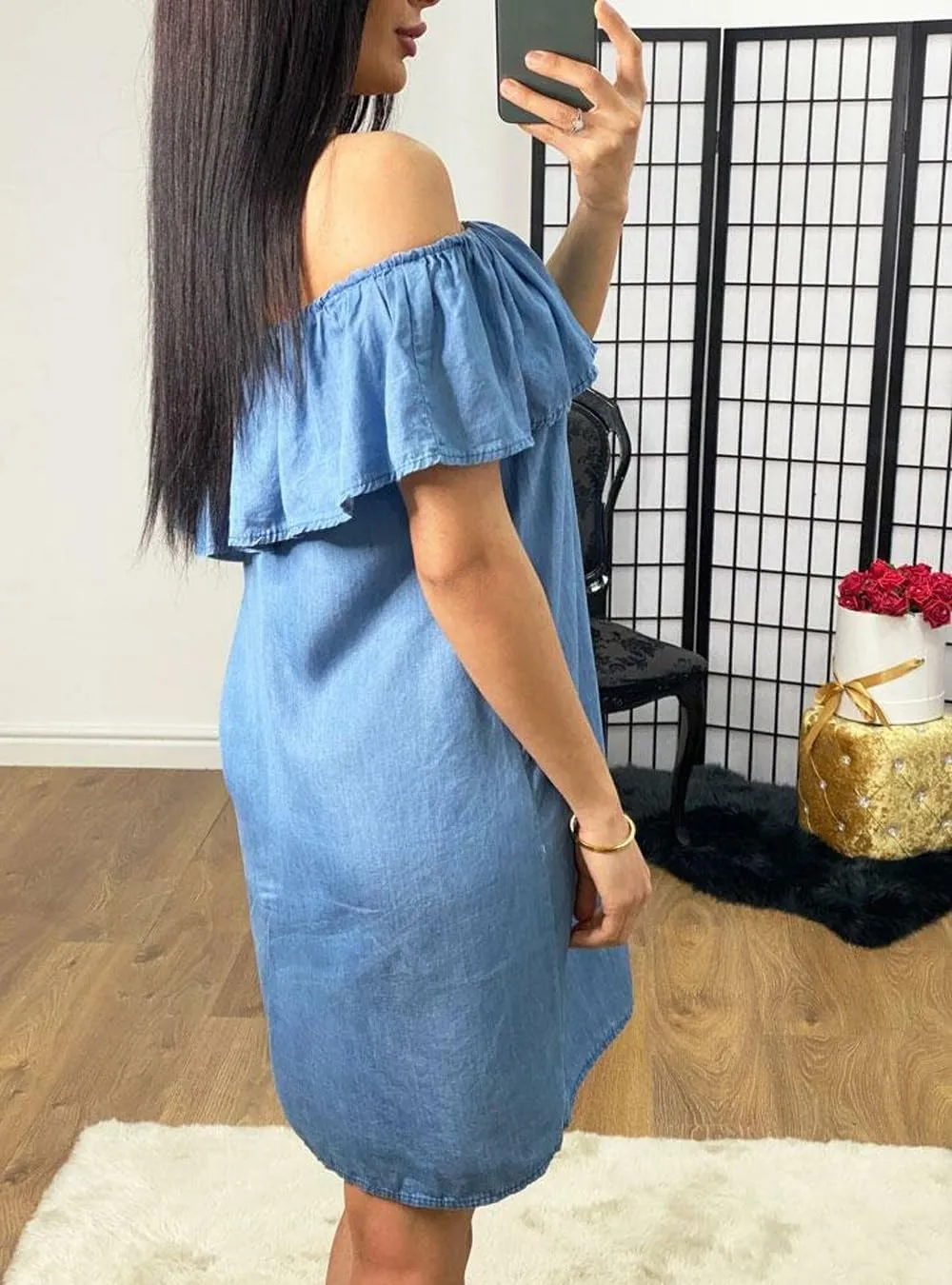 Women's Blue Jean Dress Off Shoulder Ruffle Short Sleeve Loose Denim Mini Dress with Pocket