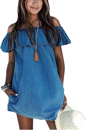 Women's Blue Jean Dress Off Shoulder Ruffle Short Sleeve Loose Denim Mini Dress with Pocket