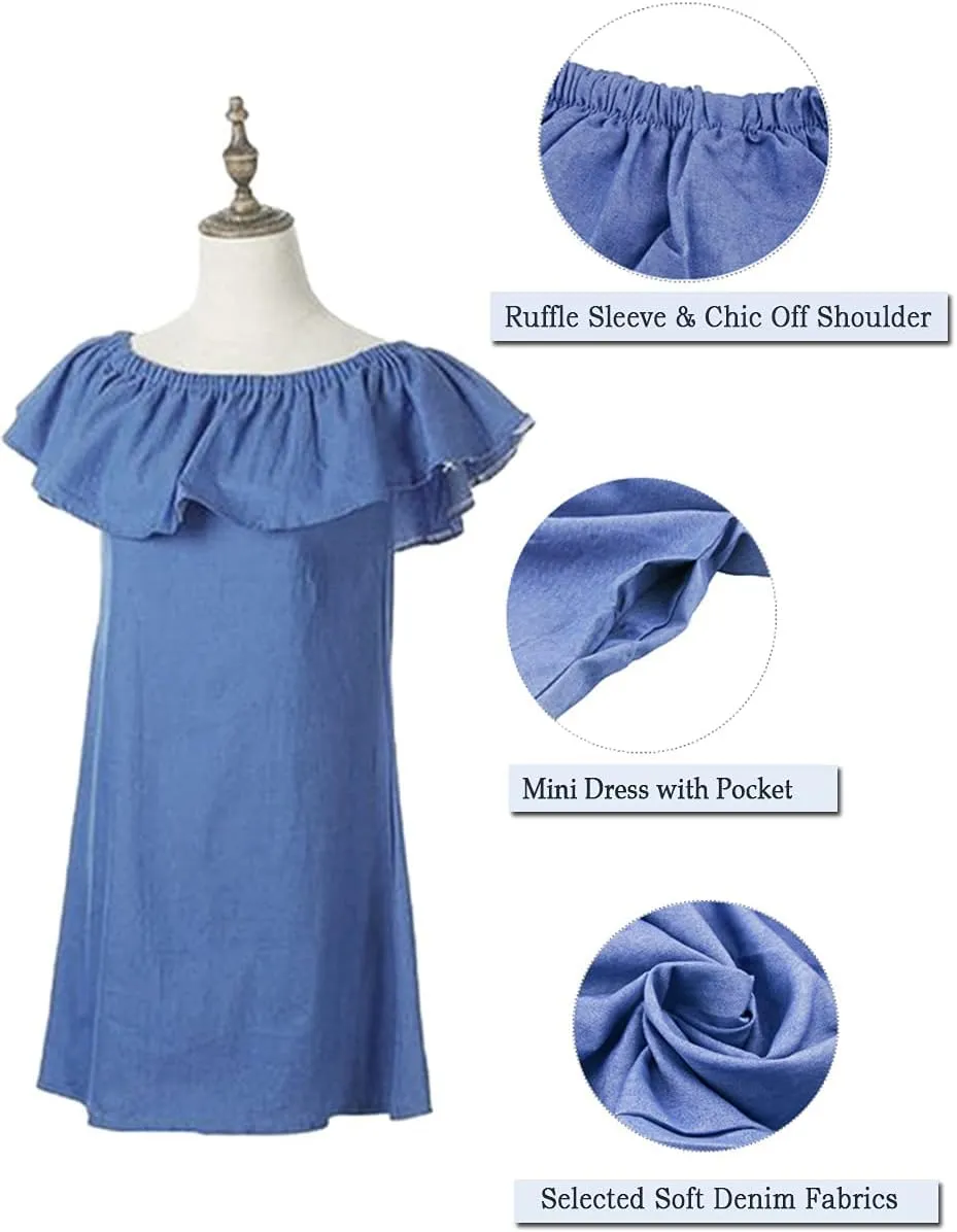 Women's Blue Jean Dress Off Shoulder Ruffle Short Sleeve Loose Denim Mini Dress with Pocket