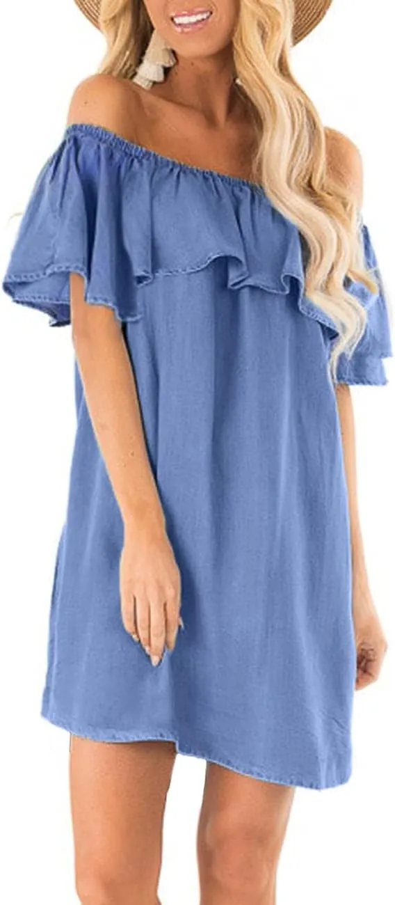 Women's Blue Jean Dress Off Shoulder Ruffle Short Sleeve Loose Denim Mini Dress with Pocket