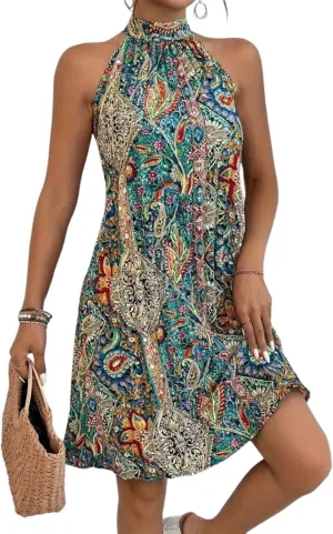 Women's Boho Trendy Halter Sleeveless Mini Dress Floral Paisley Print Slim Fit Beach Vacation Casual Summer Dress