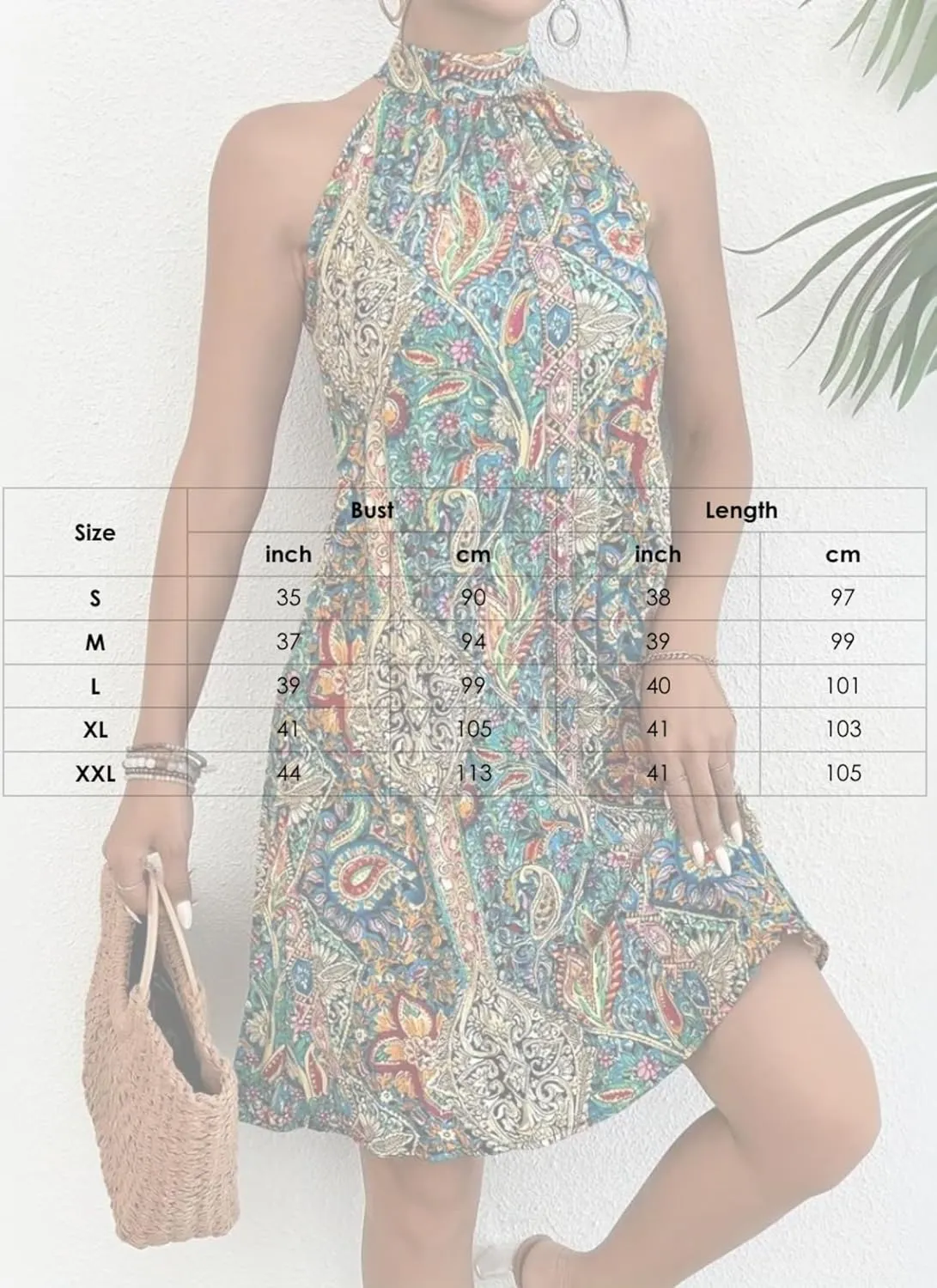 Women's Boho Trendy Halter Sleeveless Mini Dress Floral Paisley Print Slim Fit Beach Vacation Casual Summer Dress