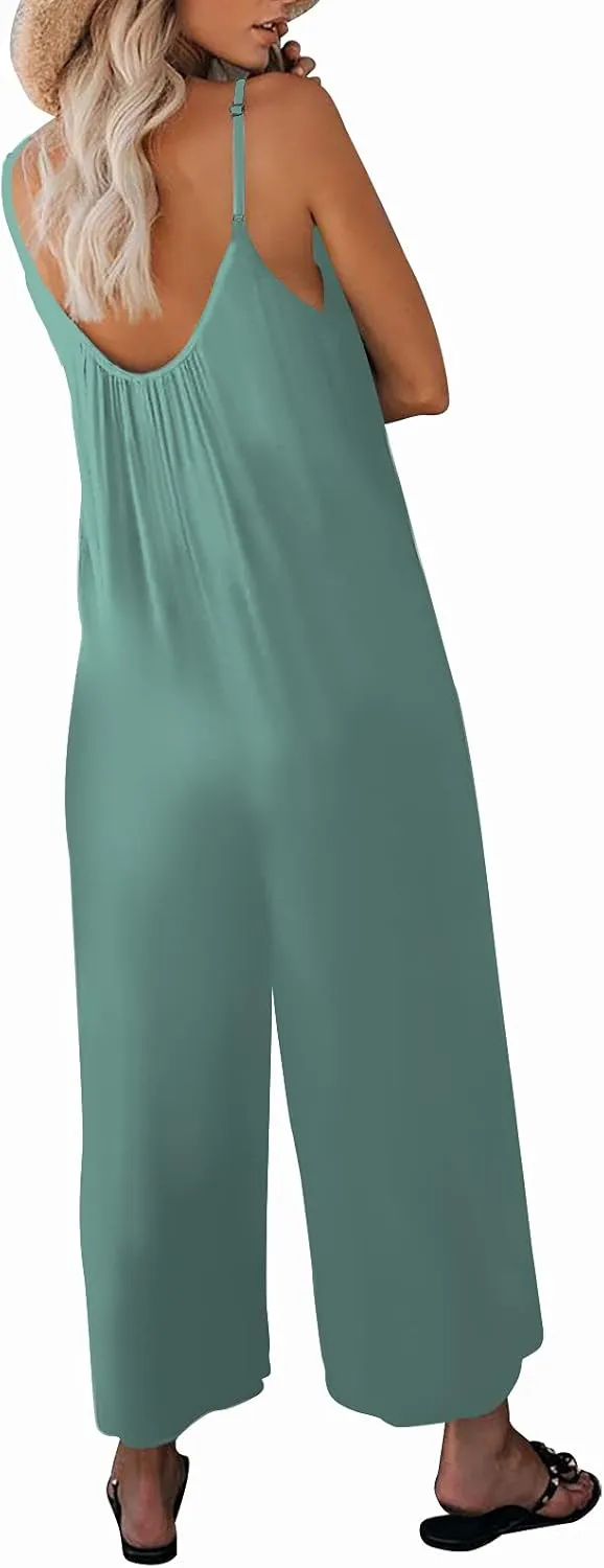 Womens Casual Sleeveless Strap Loose Adjustable Jumpsuits Stretchy Long Pants Romper with Pockets