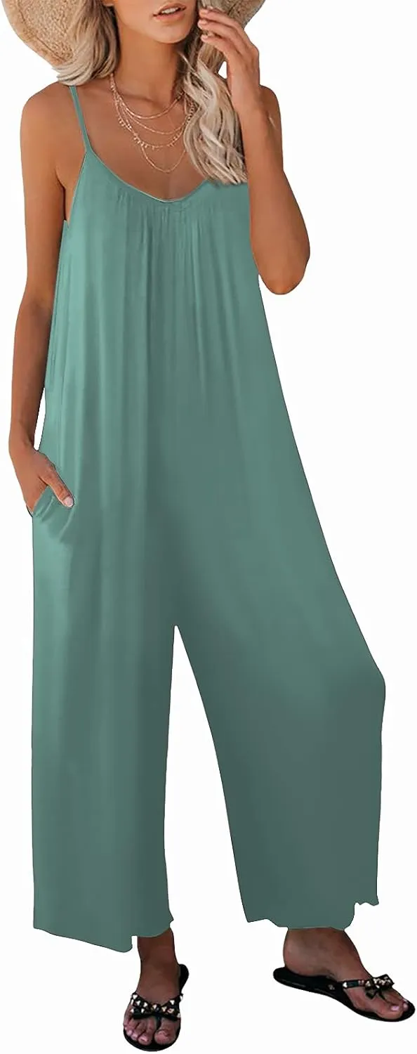 Womens Casual Sleeveless Strap Loose Adjustable Jumpsuits Stretchy Long Pants Romper with Pockets