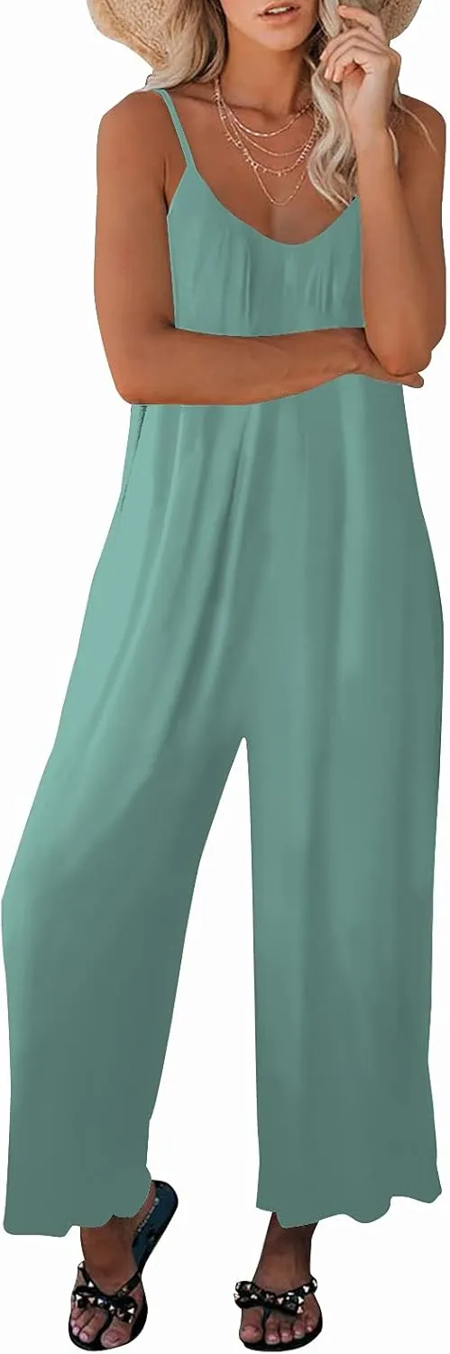 Womens Casual Sleeveless Strap Loose Adjustable Jumpsuits Stretchy Long Pants Romper with Pockets