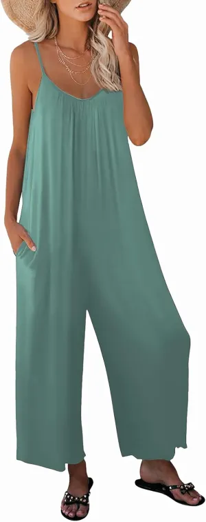 Womens Casual Sleeveless Strap Loose Adjustable Jumpsuits Stretchy Long Pants Romper with Pockets