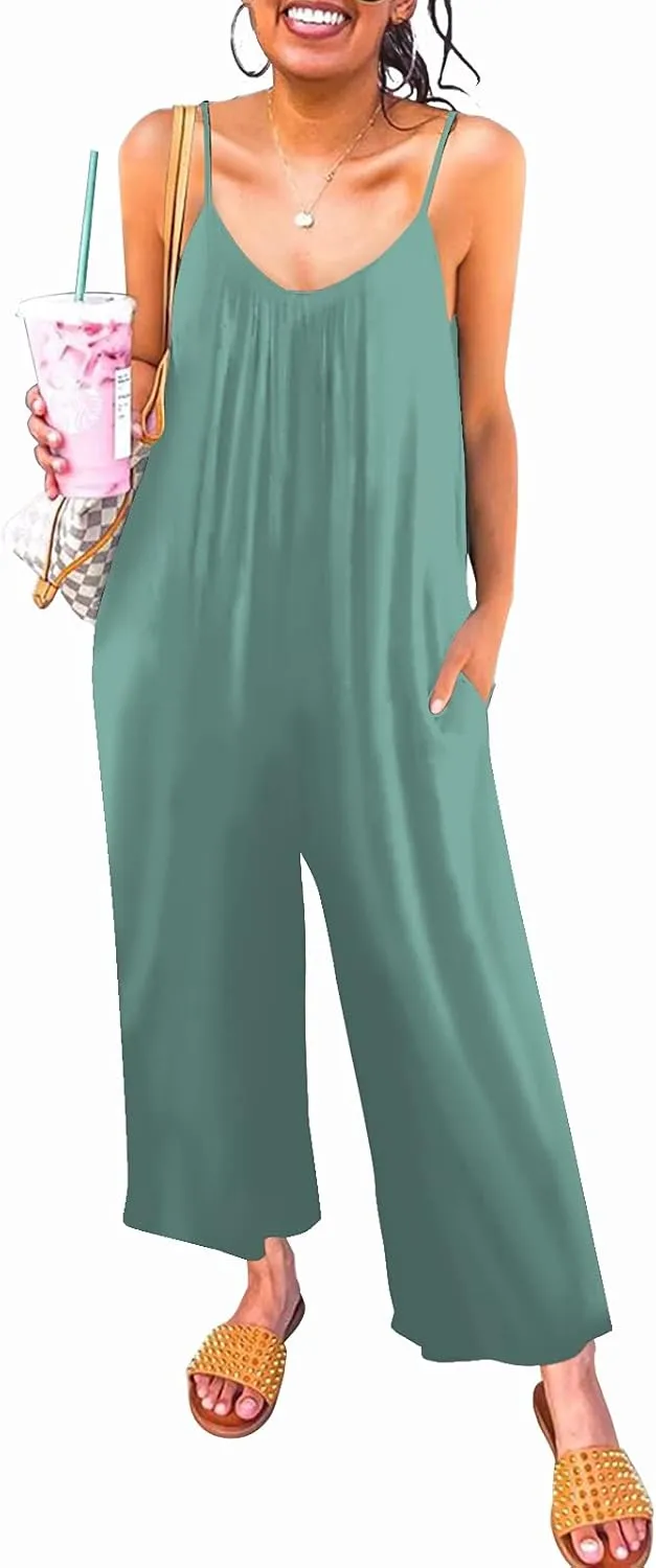 Womens Casual Sleeveless Strap Loose Adjustable Jumpsuits Stretchy Long Pants Romper with Pockets