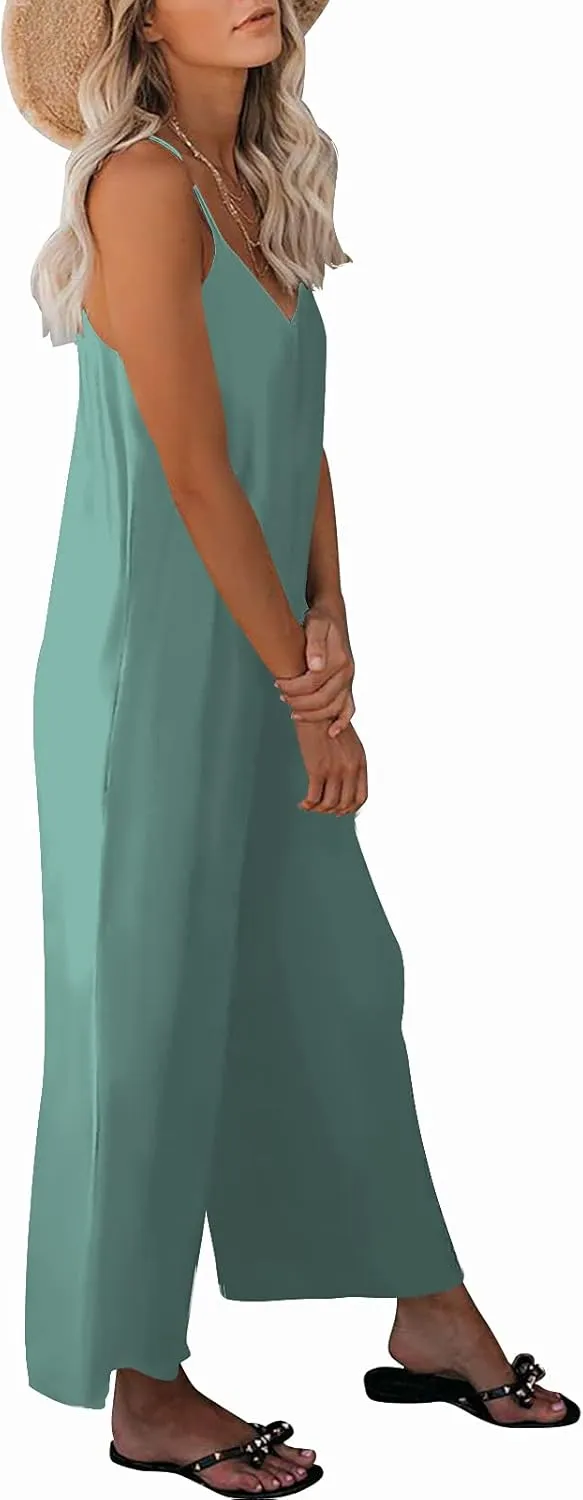 Womens Casual Sleeveless Strap Loose Adjustable Jumpsuits Stretchy Long Pants Romper with Pockets