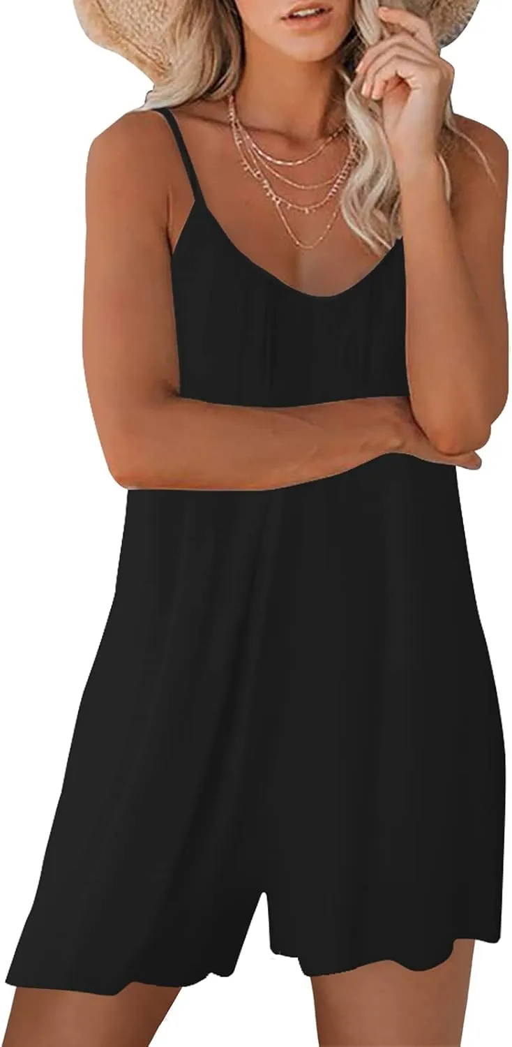 Womens Casual Sleeveless Strap Loose Adjustable Jumpsuits Stretchy Shorts Romper with Pockets