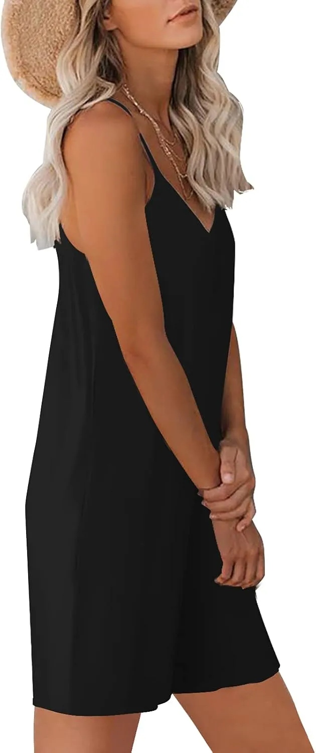 Womens Casual Sleeveless Strap Loose Adjustable Jumpsuits Stretchy Shorts Romper with Pockets