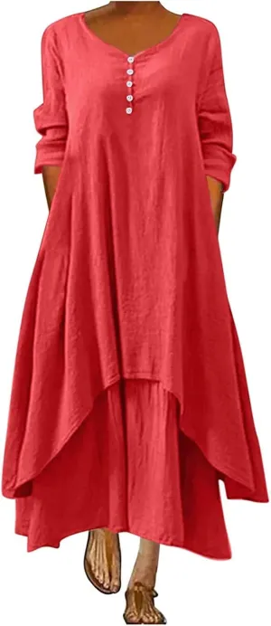 Women's Cotton Linen Dresses Irregular Hem Shirt Dress with Pockets Cotton Linen Dress Summer Midi Dresses