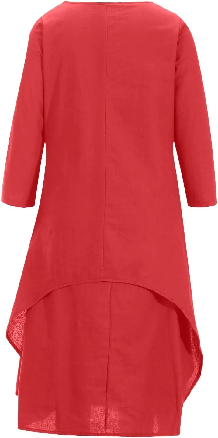 Women's Cotton Linen Dresses Irregular Hem Shirt Dress with Pockets Cotton Linen Dress Summer Midi Dresses