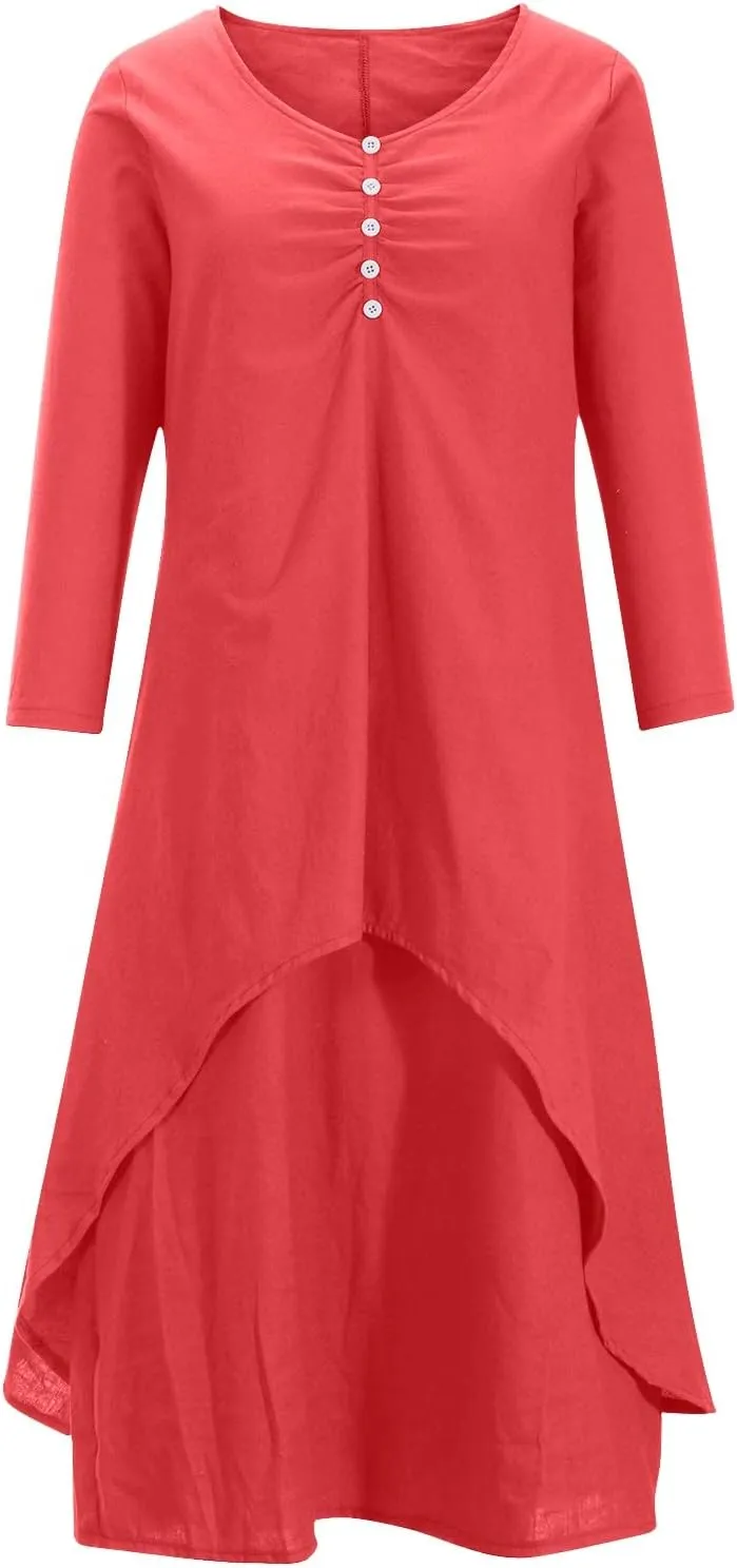 Women's Cotton Linen Dresses Irregular Hem Shirt Dress with Pockets Cotton Linen Dress Summer Midi Dresses